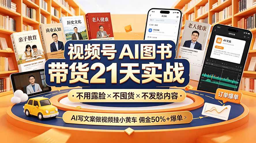 (19476期)视频号AI图书带货21天实战:不用露脸×不囤货×不发愁内容,AI写文案做视频挂小黄车,佣金50%+爆单 (19476期)视频号AI图书带货21天实战:不用露脸×不囤货×不发愁内容,AI写文案做视频挂小黄车,佣金50%+爆单
