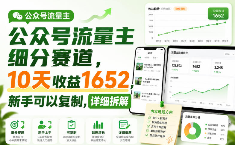 公众号流量主细分赛道，10天收益1652，新手可以复制，详细拆解-星空网络