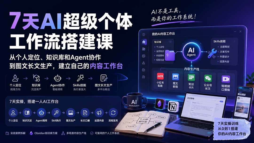 （20190期）7天AI超级个体工作流搭建课：从个人定位、知识库和Agent协作到图文长文生产，建立自己的内容工作台-星空网络