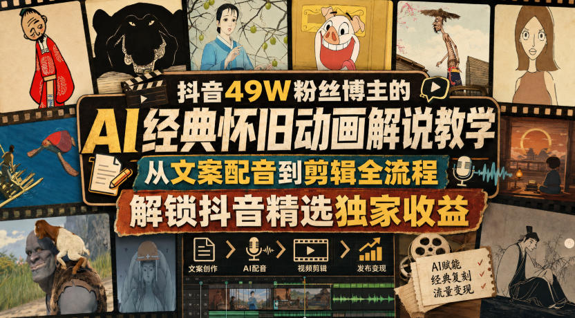 抖音49W粉丝博主的AI经典怀旧动画解说教学，从文案配音到剪辑全流程，解锁抖音精选独家收益-星空网络