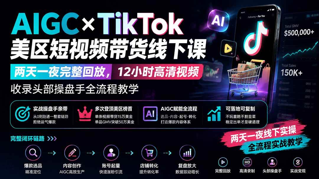 （19778期）AIGC×TikTok美区短视频带货线下课；两天一夜完整回放，12小时高清视频收录头部操盘手全流程教学-星空网络