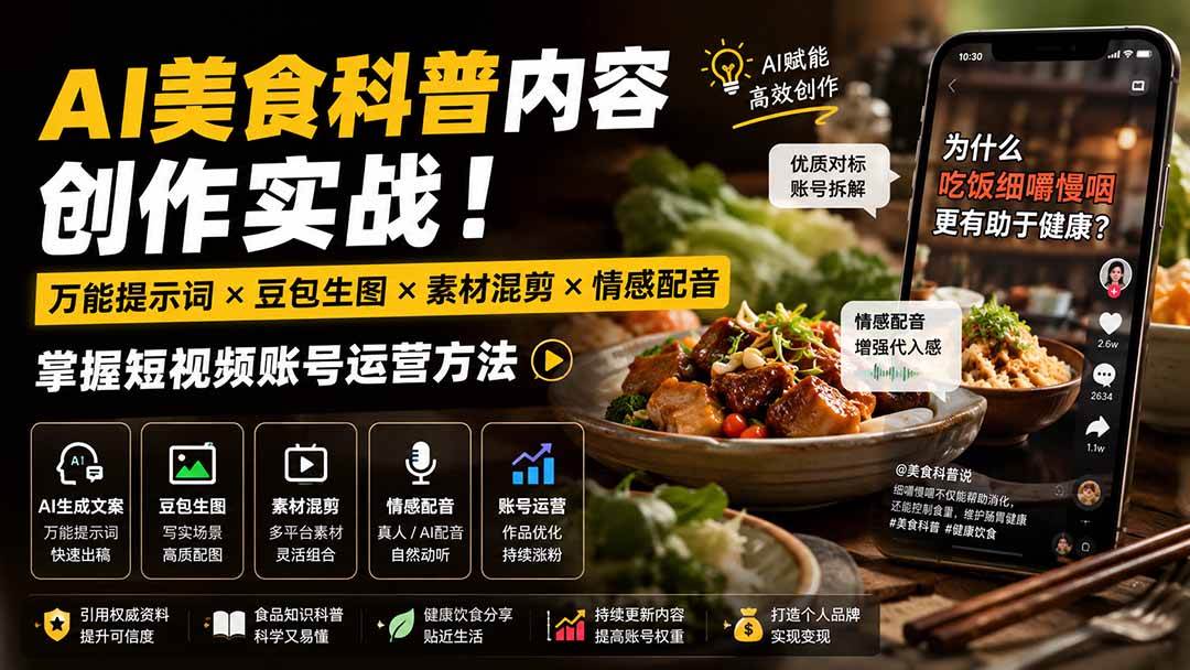 （19730期）外面卖199元-AI美食科普内容创作实战！万能提示词×豆包生图×素材混剪×情感配音，掌握短视频账号运营方法-星空网络