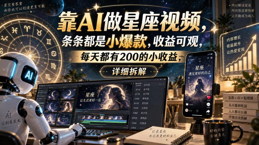 靠AI做星座视频，条条都是小爆款，收益可观，每天都有200的小收益，详细拆解-星空网络