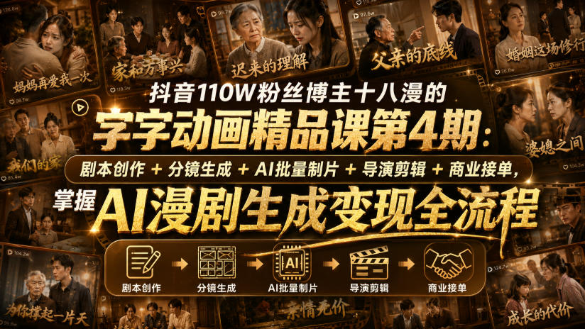 抖音110W粉丝博主十八漫的字字动画精品课第4期：剧本创作+分镜生成+剪辑+商业接单，掌握AI漫剧生成变现全流程-星空网络