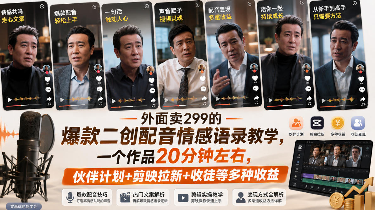 外面卖299的爆款二创配音情感语录教学，一个作品20分钟左右，伙伴计划+剪映拉新+收徒等多种收益-星空网络