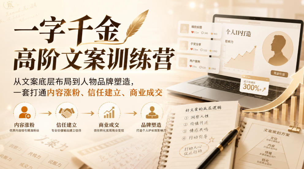 一字千金高阶文案训练营，从文案底层布局到人物品牌塑造，一套打通内容涨粉、信任建立、商业成交-星空网络