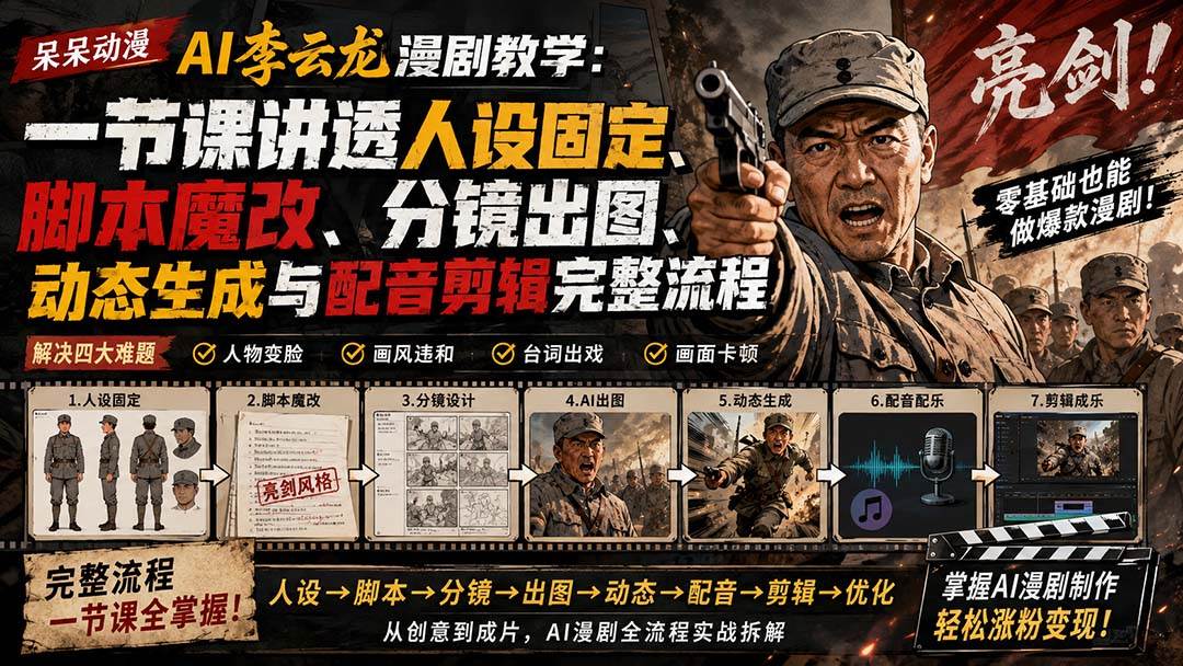 （20107期）呆呆动漫AI李云龙漫剧教学：一节课讲透人设固定、脚本魔改、分镜出图、动态生成与配音剪辑完整流程-星空网络