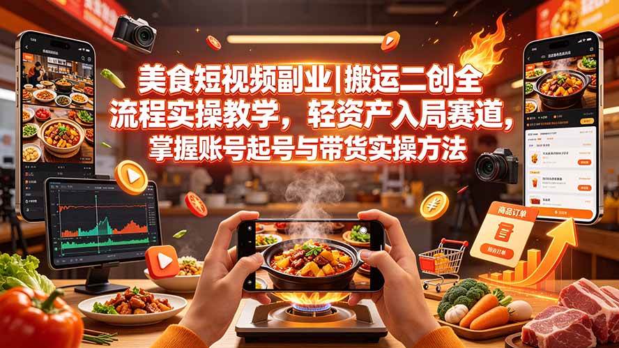 （19535期）美食短视频副业｜搬运二创全流程实操教学，轻资产入局赛道，掌握账号起号与带货实操方法-星空网络