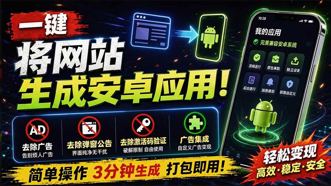 （20305期）目前最好用，一键将网站生成安卓应用！支持去除广告、弹窗公告、激活码验证、广告集成等 web-to-app-星空网络