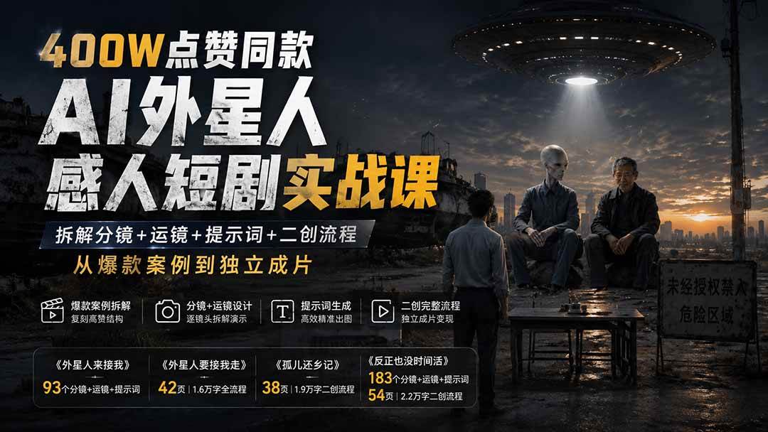 （20052期）400W点赞同款AI外星人感人短剧实战课：拆解分镜+运镜+提示词+二创流程，从爆款案例到独立成片-星空网络