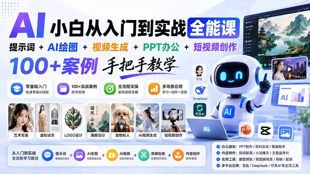 AI小白从入门到实战全能课：提示词+AI绘图+视频生成+PPT办公+短视频创作，100+案例手把手教学-星空网络
