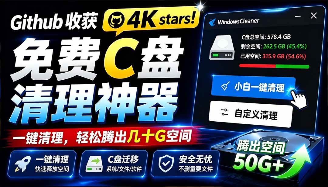 （19528期）Github收获 4K stars！免费C盘清理神器，轻松腾出几十G空间，支持C盘迁移 Windows Cleaner-星空网络