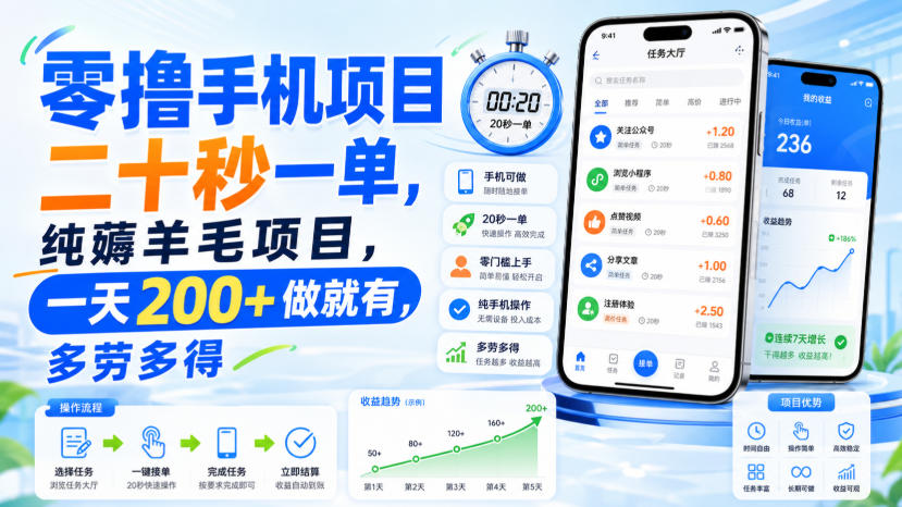 零撸手机项目，二十秒一单，纯薅羊毛项目，一天200+做就有，多劳多得【揭秘】-星空网络