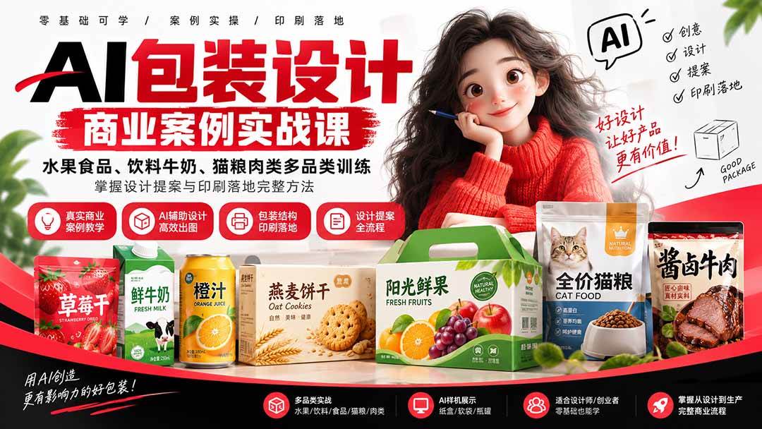 （20387期）AI包装设计商业案例实战课：水果食品、饮料牛奶、猫粮肉类多品类训练，掌握设计提案与印刷落地完整方法-星空网络