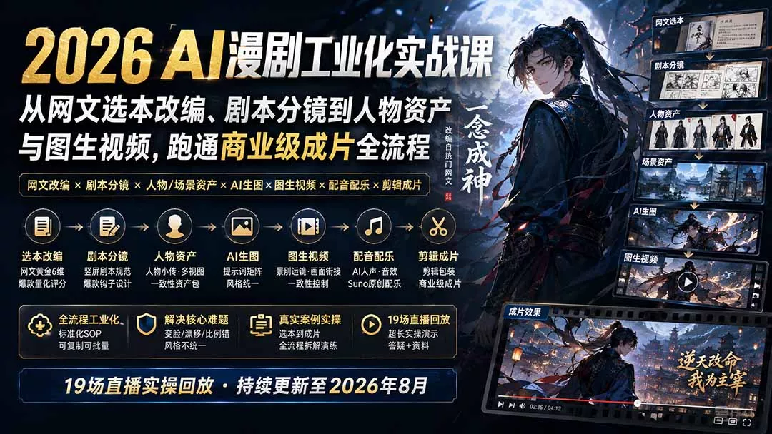 2026 AI漫剧工业化实战课-更新：从网文选本改编、剧本分镜到人物资产与图生视频，跑通商业级成片全流程-星空网络