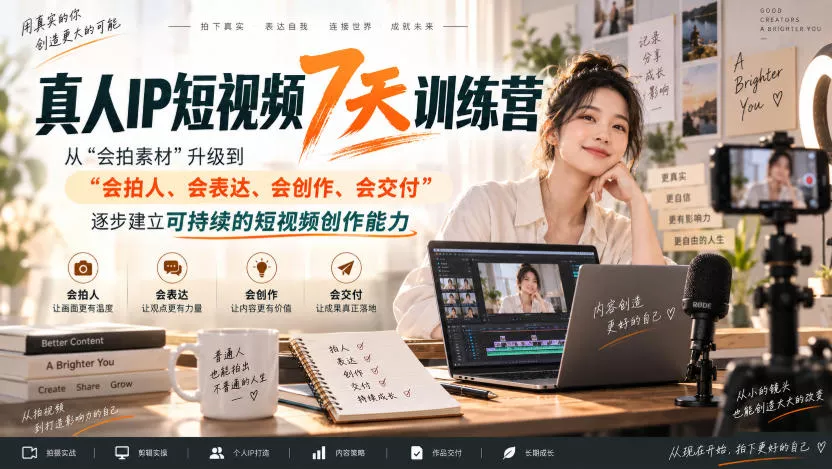 真人IP短视频7天训练营，从“会拍素材”升级到“会拍人、会表达、会创作、会交付”，逐步建立可持续的短视频创作能力-星空网络