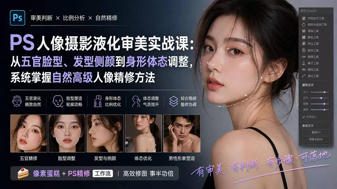 PS人像摄影液化审美实战课：从五官脸型、发型侧颜到身形体态调整，系统掌握自然高级人像精修方法-星空网络