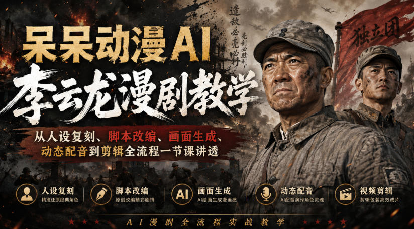 呆呆动漫AI李云龙漫剧教学，从人设复刻、脚本改编、画面生成、动态配音到剪辑全流程一节课讲透-星空网络