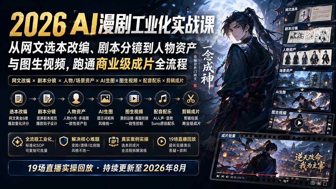 （20068期）2026 AI漫剧工业化实战课-更新：从网文选本改编、剧本分镜到人物资产与图生视频，跑通商业级成片全流程-星空网络