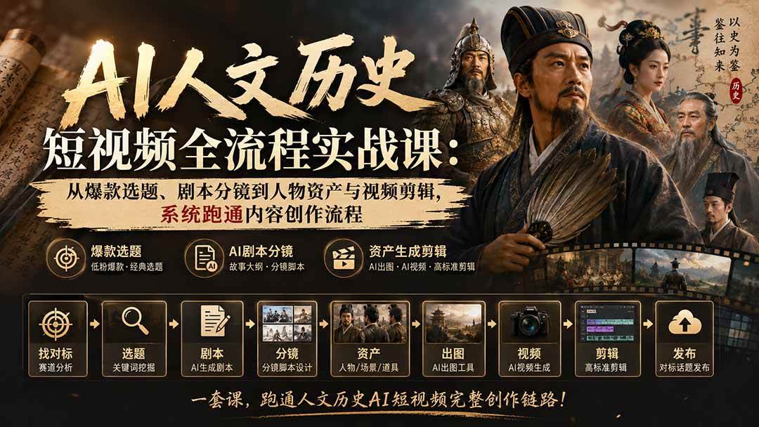 （20074期）AI人文历史短视频全流程实战课：从爆款选题、剧本分镜到人物资产与视频剪辑，系统跑通内容创作流程-星空网络
