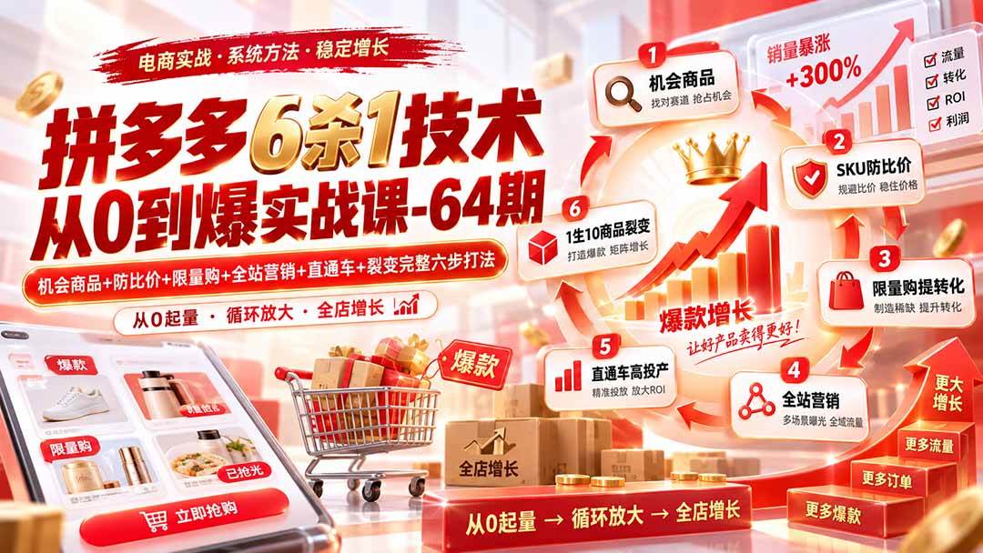 （20315期）拼多多6杀1技术从0到爆实战课-64期：机会商品+防比价+限量购+全站营销+直通车+裂变完整六步打法-星空网络