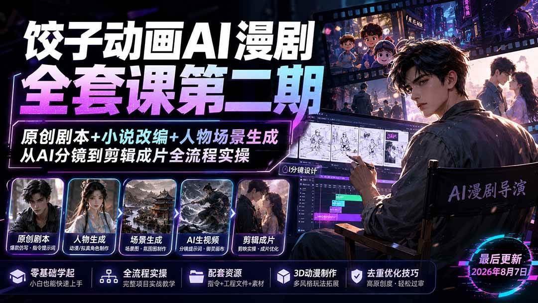 （19910期）饺子动画AI漫剧全套课第二期：原创剧本+小说改编+人物场景生成，从AI分镜到剪辑成片全流程实操-星空网络