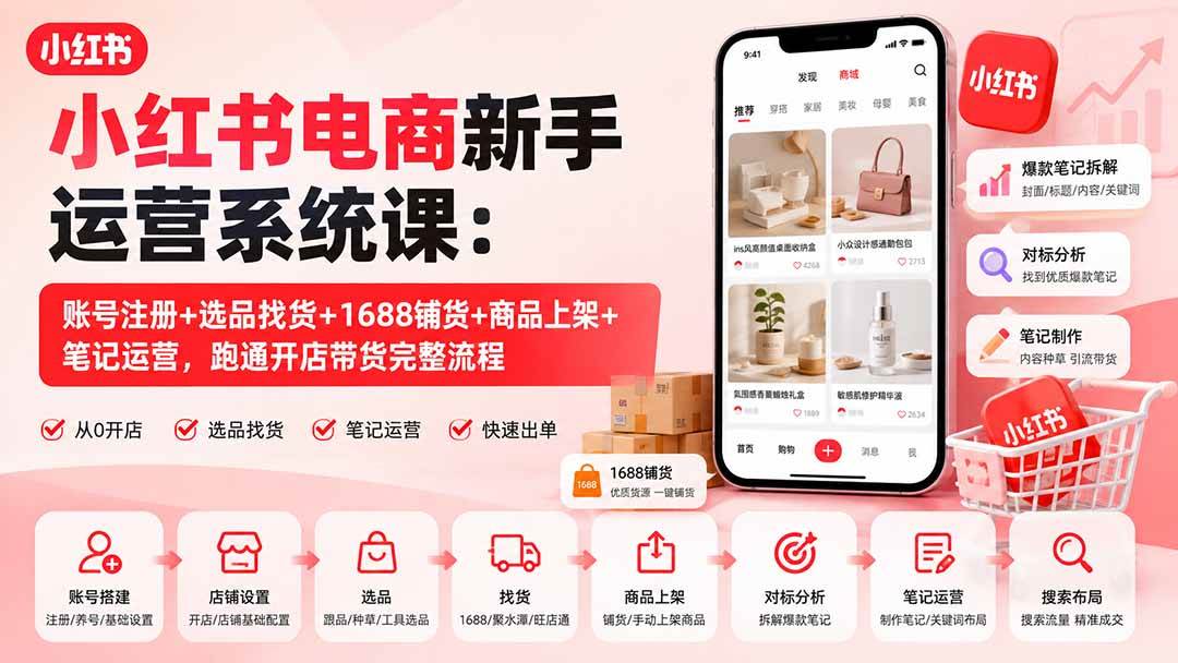 （20319期）小红书电商新手运营系统课：账号注册+选品找货+1688铺货+商品上架+笔记运营，跑通开店带货完整流程-星空网络