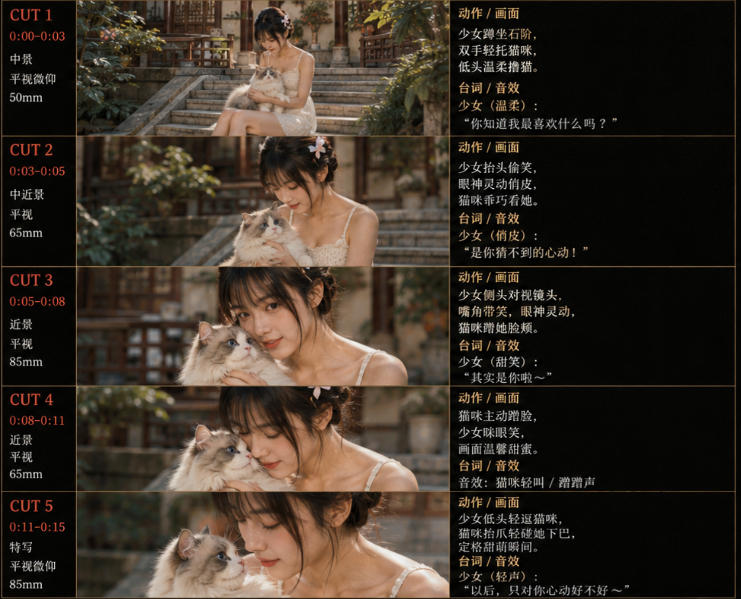 美女和猫故事提示词,人物一致性提示词+故事板 美女和猫故事提示词,人物一致性提示词+故事板