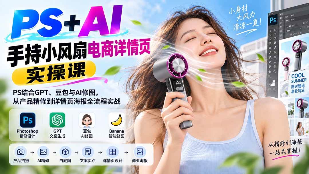 （20273期）PS+AI手持小风扇电商详情页实操课：PS结合GPT、豆包与AI修图，从产品精修到详情页海报全流程实战-星空网络