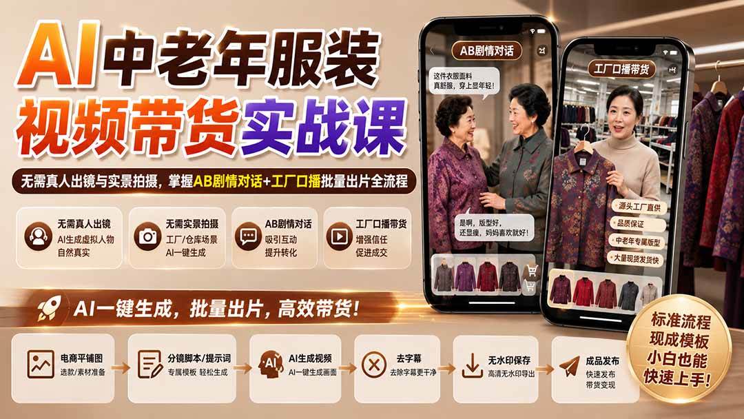 （20198期）AI中老年服装视频带货实战课：无需真人出镜与实景拍摄，掌握AB剧情对话+工厂口播批量出片全流程-星空网络