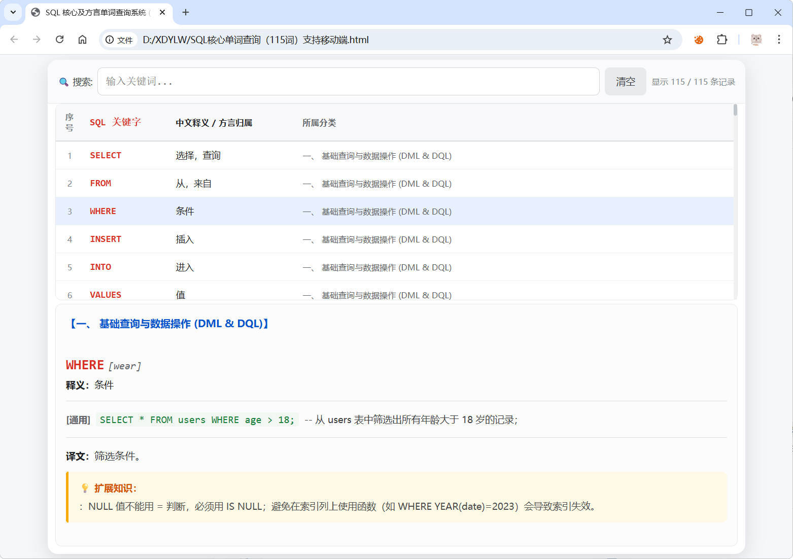 SQL常用核心单词查询115词html源码-星空网络