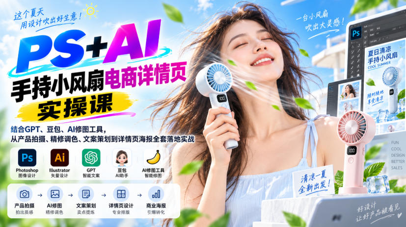 PS+AI手持小风扇电商详情页实操课｜结合GPT、豆包、AI修图工具，从产品拍摄、精修调色、文案策划到详情页海报全套落地实战-星空网络