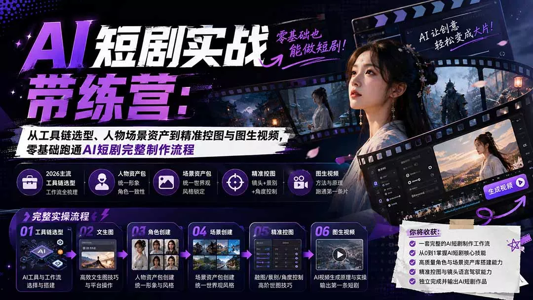 AI短剧实战训练营：从工具链选型、人物场景资产到精准控图与图生视频，零基础跑通AI短剧完整制作流程-星空网络