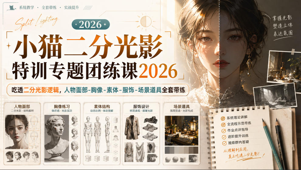 小猫二分光影特训专题团练课2026｜吃透二分光影逻辑，人物面部‑胸像‑素体‑服饰‑场景道具全套带练，高清画质附赠课件与笔刷-星空网络